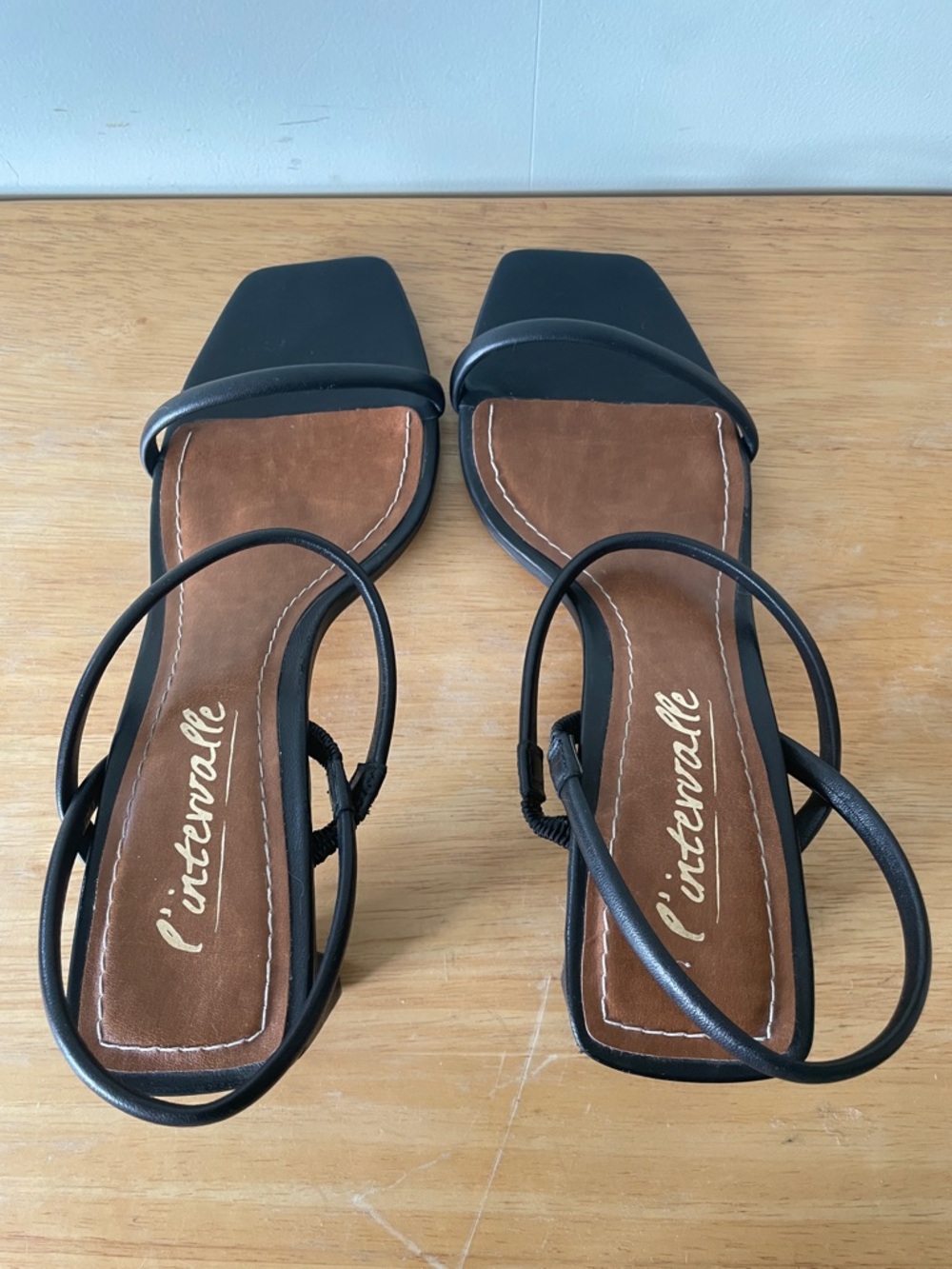 L'INTERVALLE Black Leather Sandals Strappy Square-Toe Block Heels, Size 8 - Picture 5 of 10